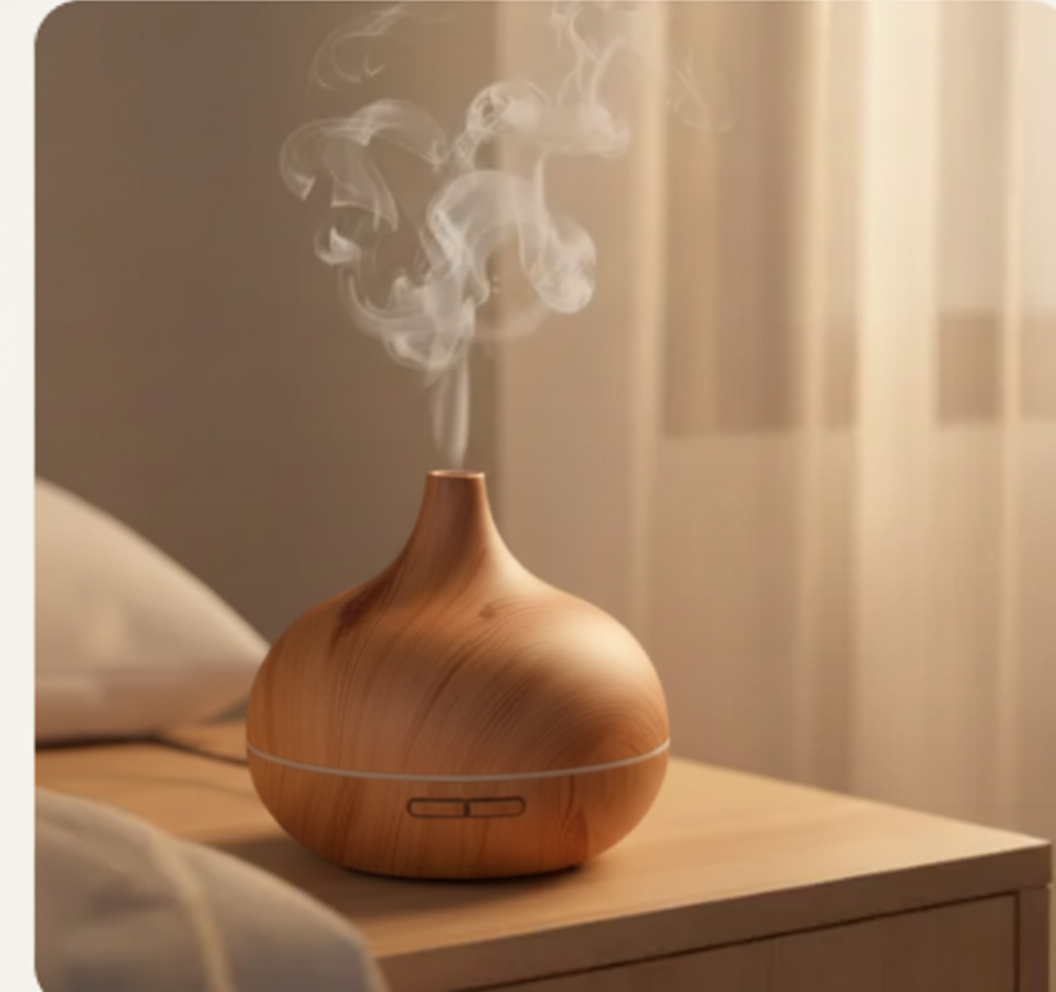 Diffuseur d’huiles essentielles marron posé sur table de chevet