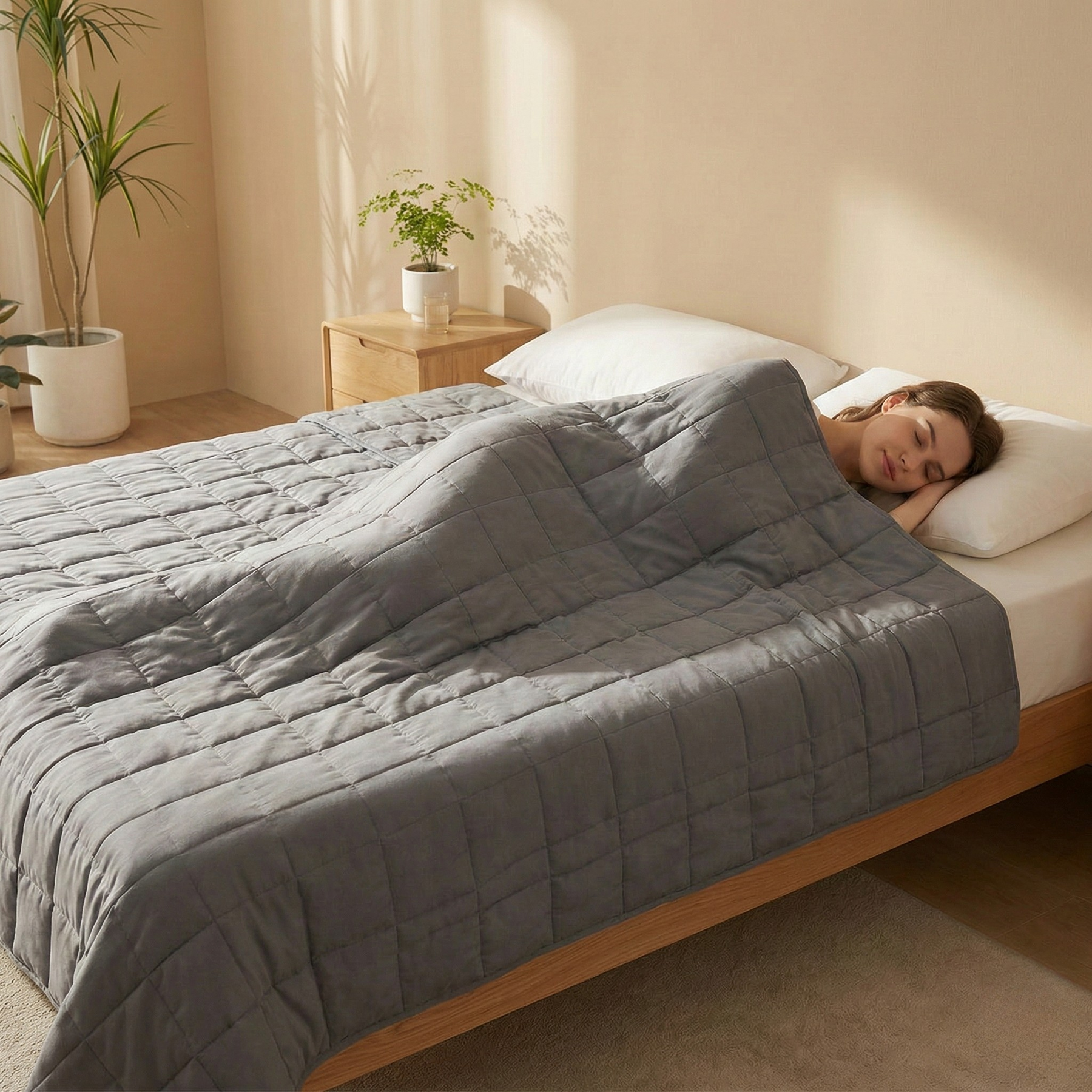 Couverture lestée Sommeil Idéal gris foncé en situation sur un lit avec répartition uniforme du poids.