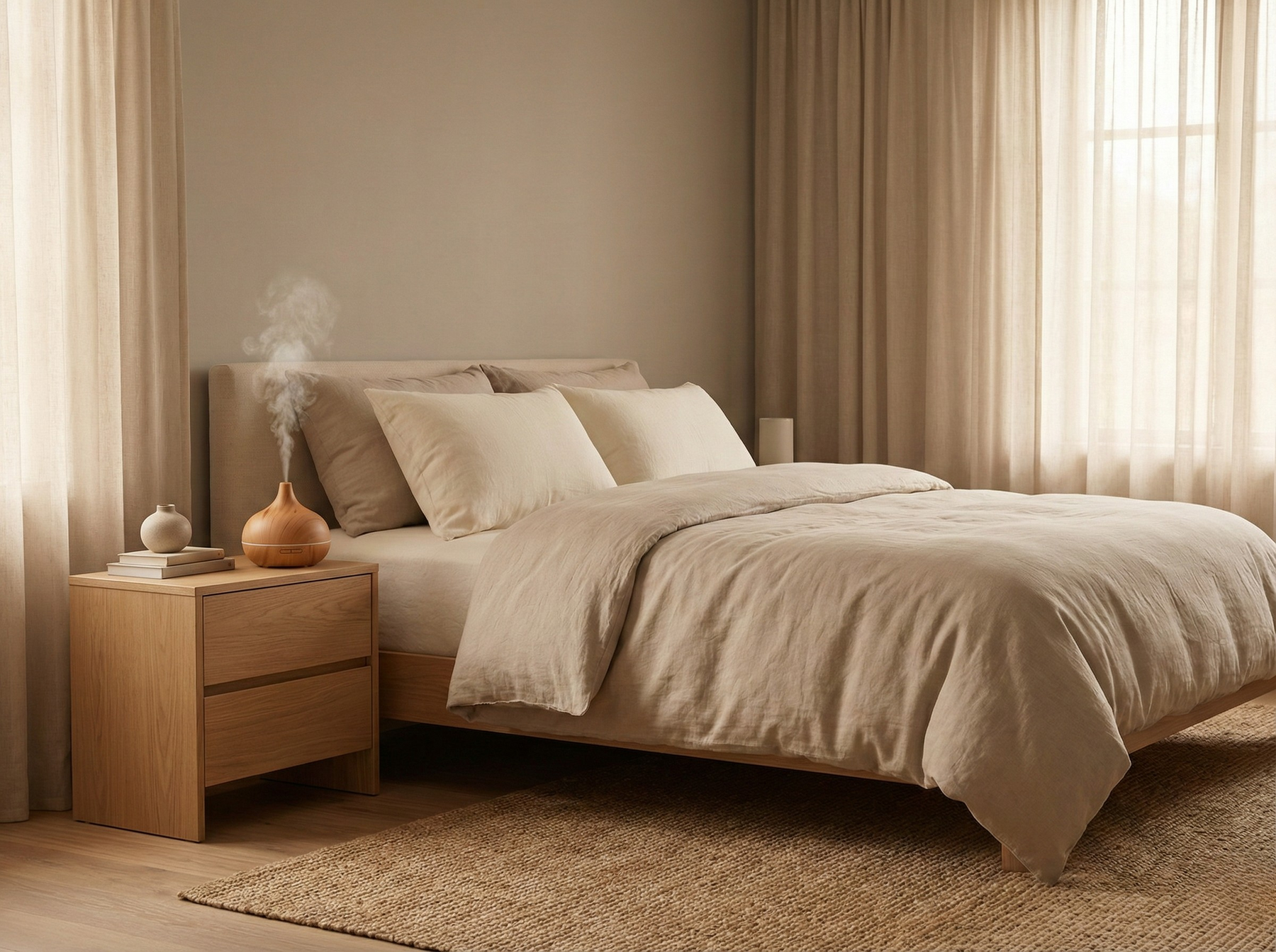 Diffuseur d’huiles essentielles dans une chambre à l’ambiance douce, environnement de sommeil harmonieux