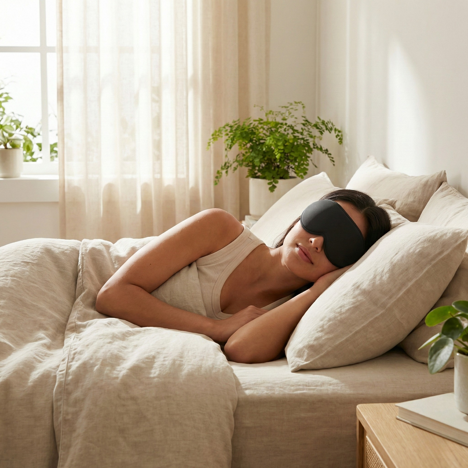 Masque de sommeil 3D porté en pleine journée dans une chambre lumineuse pour créer une obscurité confortable