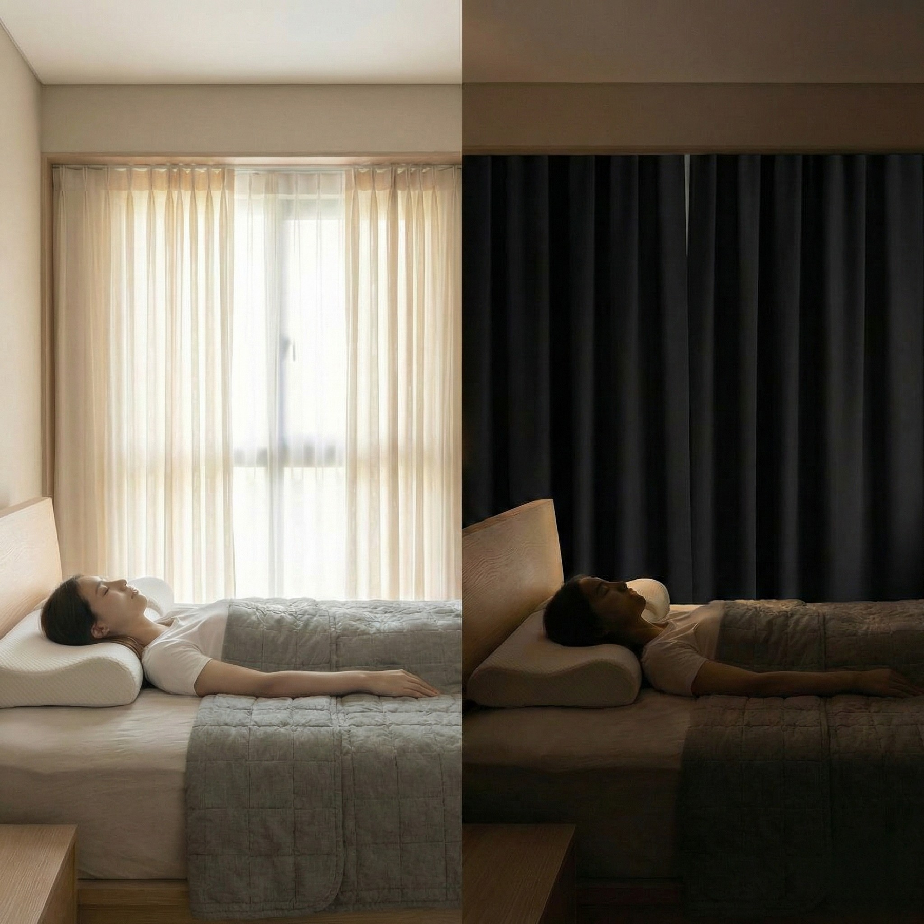 Comparaison avant après d’un rideau occultant thermique dans une chambre montrant la réduction de la lumière et la création d’un environnement de sommeil plus sombre