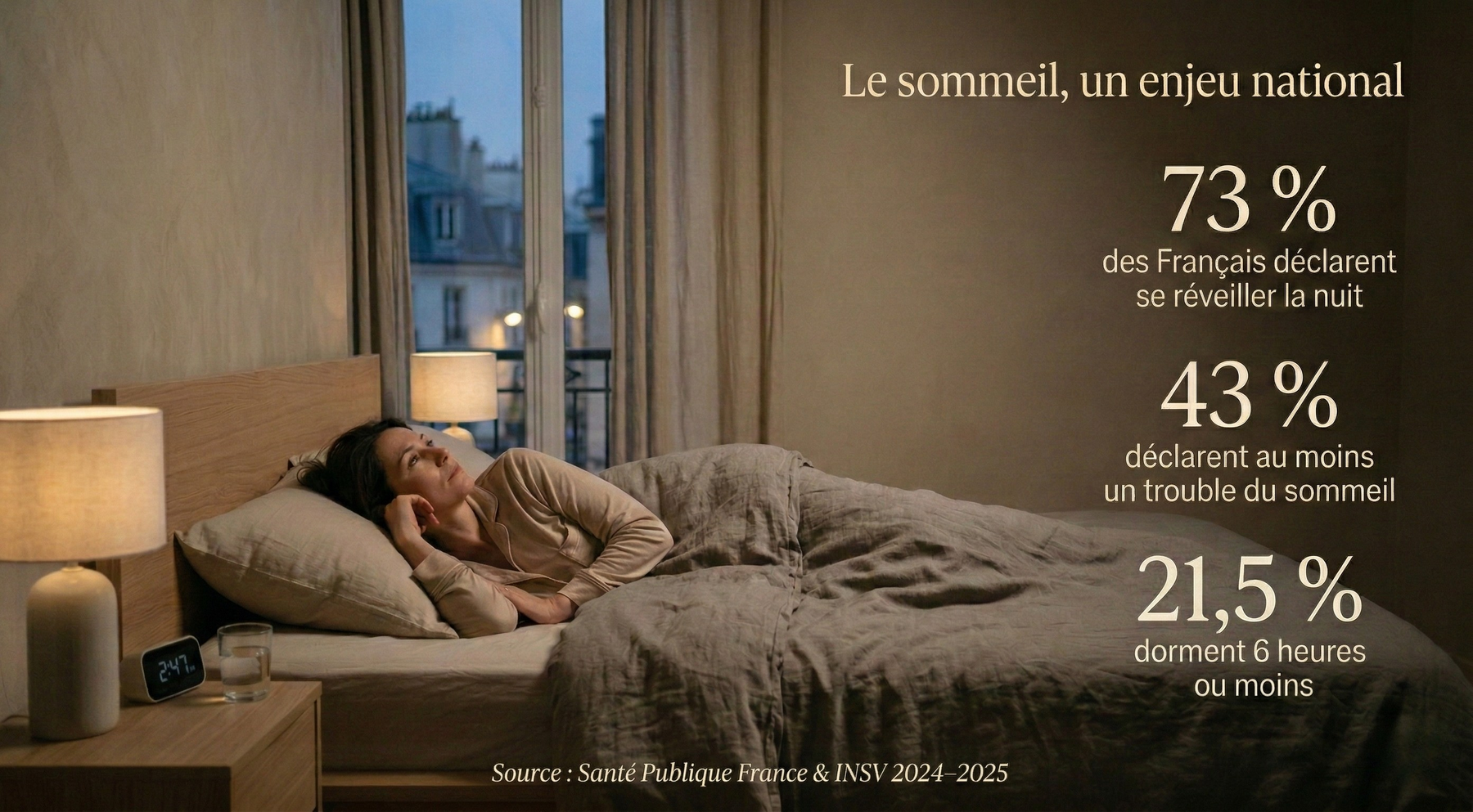 Visuel statistique sur le sommeil en France avec une personne éveillée dans une chambre calme et des chiffres clés.