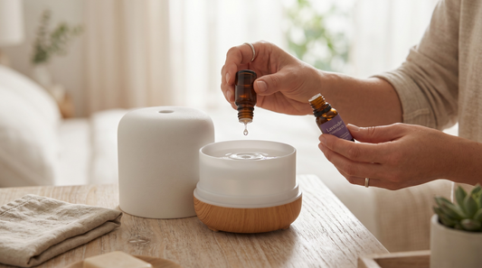  Main versant des gouttes d'huile essentielle dans un diffuseur bois clair, geste soigné, lumière naturelle
