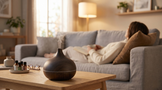 Diffuseur d'huiles essentielles design bois clair au premier plan, femme qui se détend en arrière-plan flou, salon cosy
