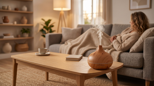  Diffuseur d'huiles essentielles design bois clair au premier plan, femme qui se détend en arrière-plan flou, salon cosy