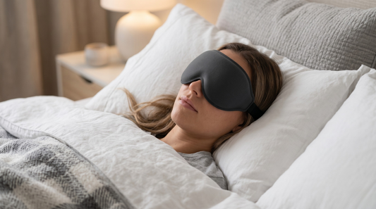  Femme qui dort avec un masque de sommeil 3D anthracite, coupoles anatomiques visibles, ambiance chambre luxueuse