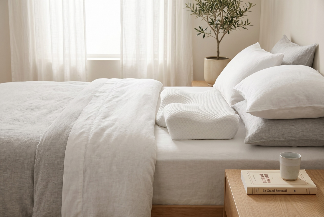Oreiller ergonomique cervical blanc posé sur un lit soigné, lumière naturelle douce, ambiance chambre apaisante