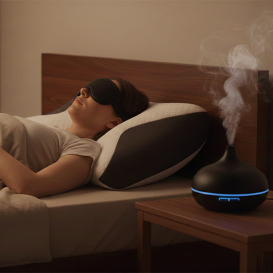 Personne allongée dans un lit avec masque de sommeil et diffuseur d’huiles essentielles sur une table de nuit