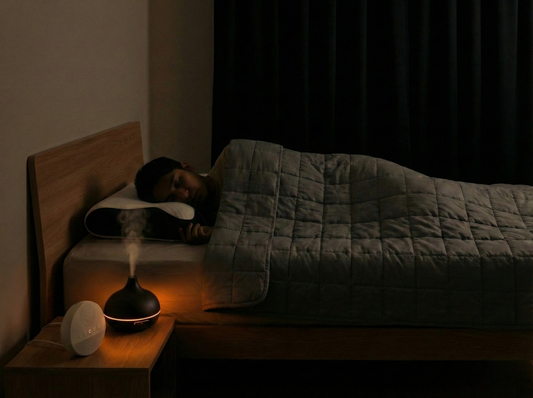 Personne allongée dans un lit avec lampe de chevet allumée dans une chambre sombre