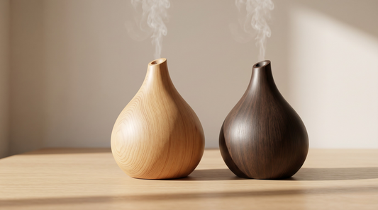 Deux diffuseurs d'huiles essentielles bois clair et bois foncé côte à côte, fond neutre, lumière naturelle douce