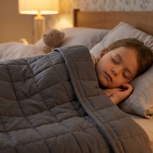 Enfant qui dort paisiblement sous une couverture lestée grise, lumière douce de chevet, chambre cosy