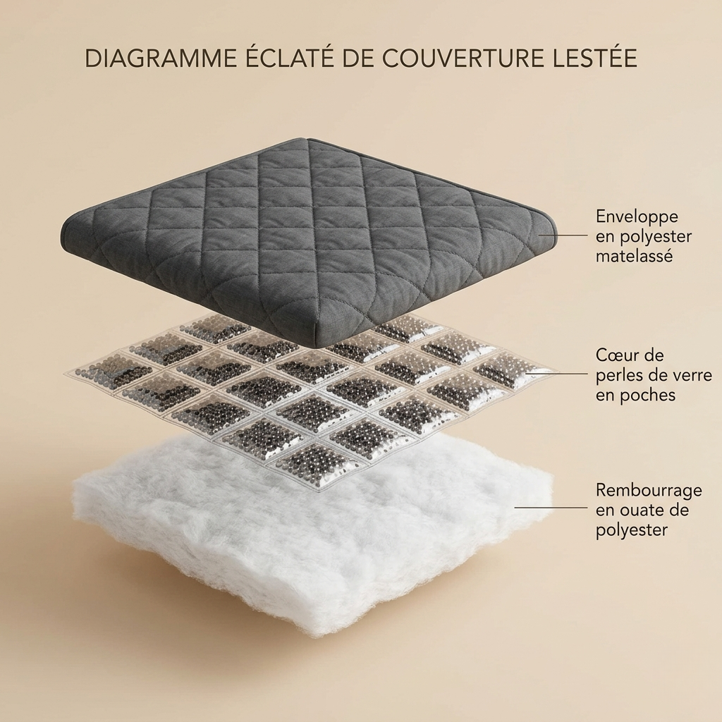Composition de la couverture lestée enfant : enveloppe polyester matelassée, cœur de perles de verre en poches, rembourrage ouate de polyester