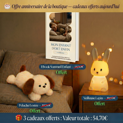 3 cadeaux offerts avec la couverture lestée enfant Sommeil Idéal : ebook sommeil enfant, peluche lestée et veilleuse lapin, valeur totale 54,70€