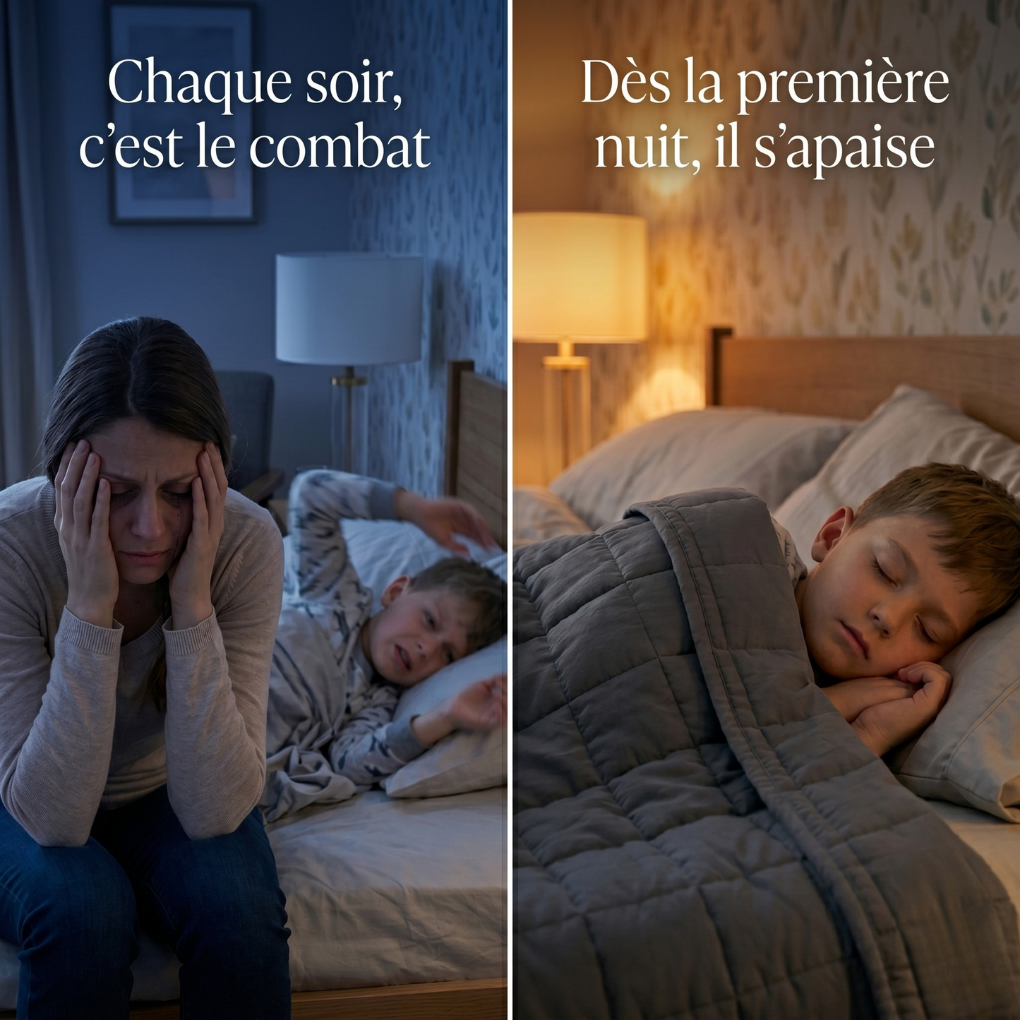 Avant après couverture lestée enfant : maman épuisée et enfant agité la nuit, versus enfant qui dort paisiblement sous une couverture lestée grise