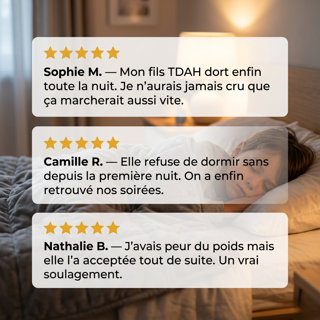 Avis clients couverture lestée enfant : témoignages de mamans, enfant qui dort paisiblement en arrière-plan