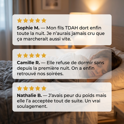 Avis clients couverture lestée enfant : témoignages de mamans, enfant qui dort paisiblement en arrière-plan