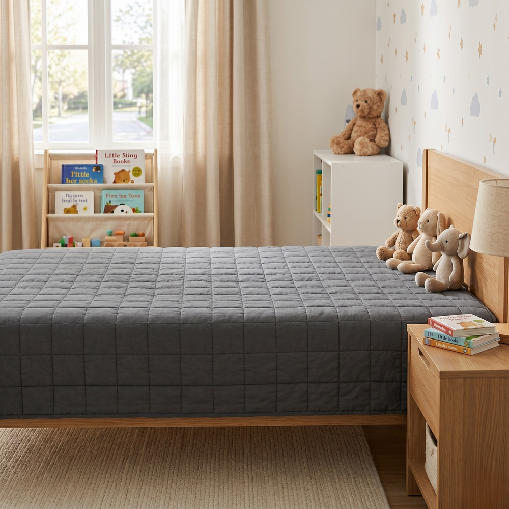 Couverture lestée enfant grise sur lit dans chambre enfant lumineuse avec peluches