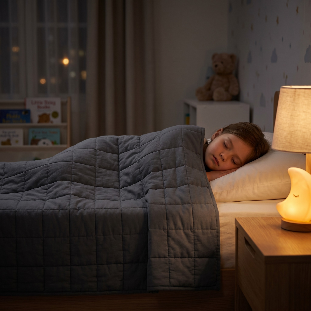 Enfant qui dort paisiblement la nuit dans sa chambre sous une couverture lestée grise, ambiance douce et sereine
