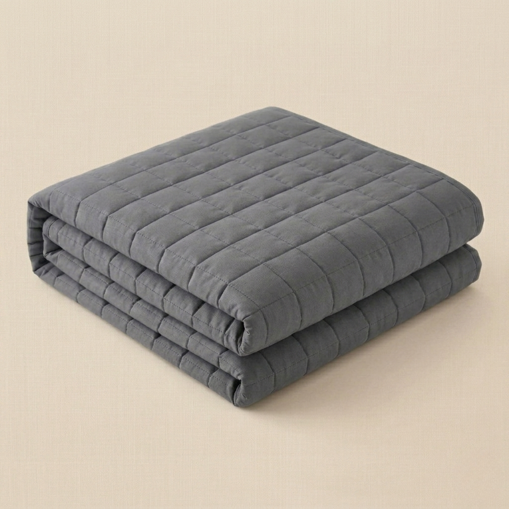 Couverture lestée enfant grise pliée, motif carreaux, fond beige neutre