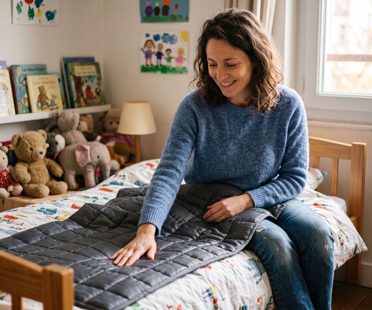 Maman assise sur le lit de son enfant qui caresse une couverture lestée enfant grise, chambre enfant chaleureuse