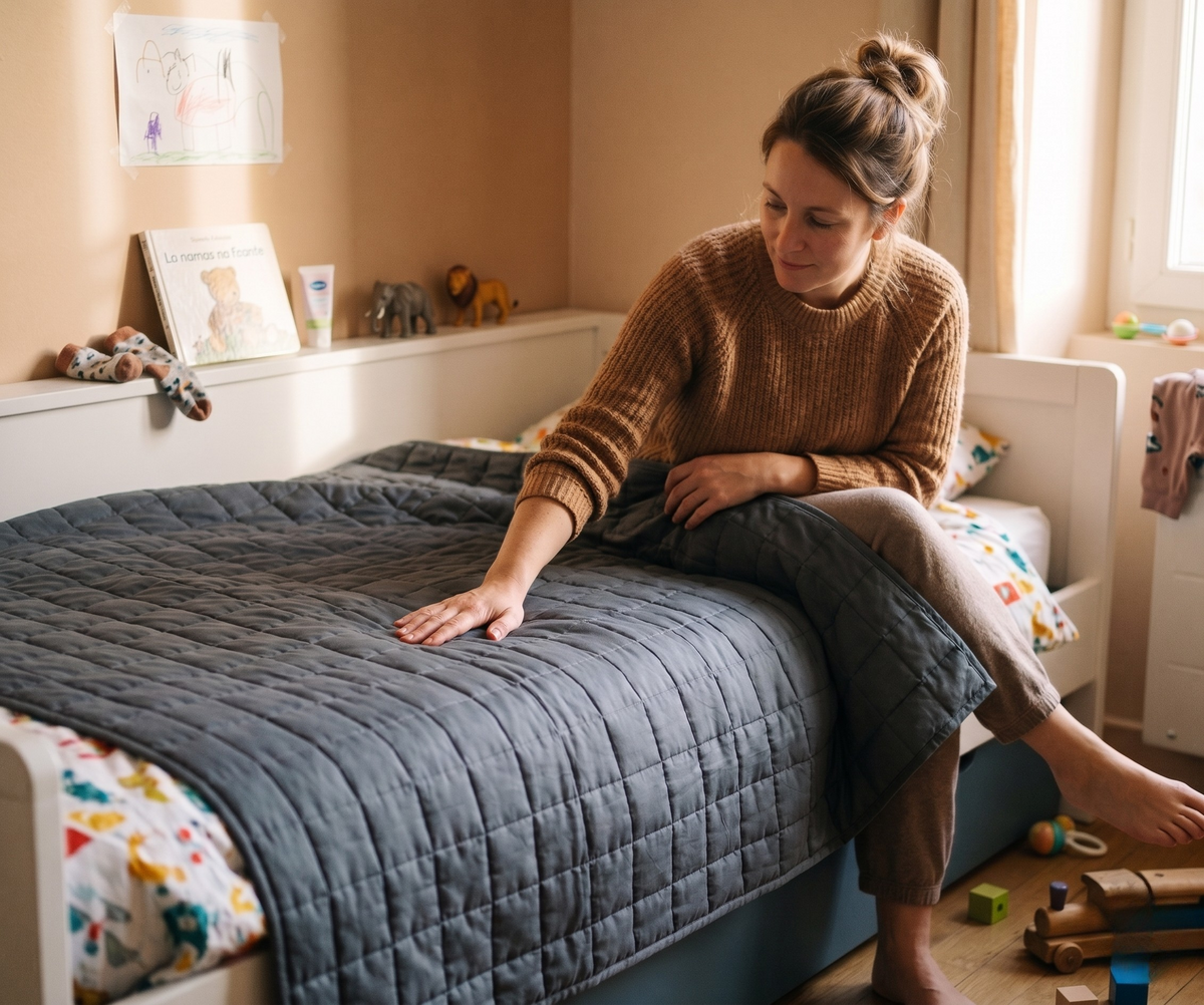 Maman châtain chignon assise sur le lit enfant qui caresse une couverture lestée grise, chambre enfant authentique