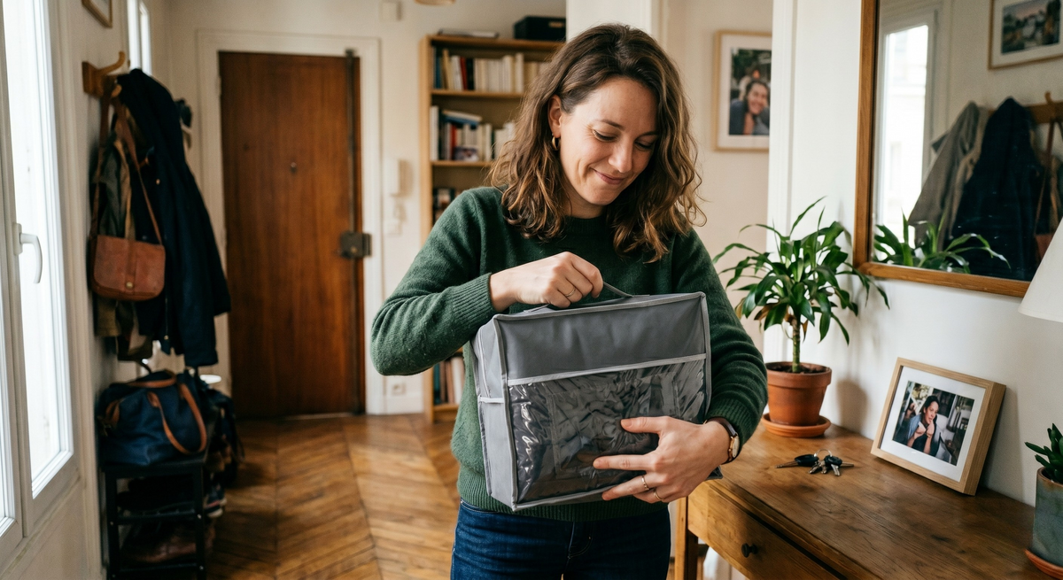Maman qui reçoit et ouvre sa commande de couverture lestée enfant, entrée de maison chaleureuse