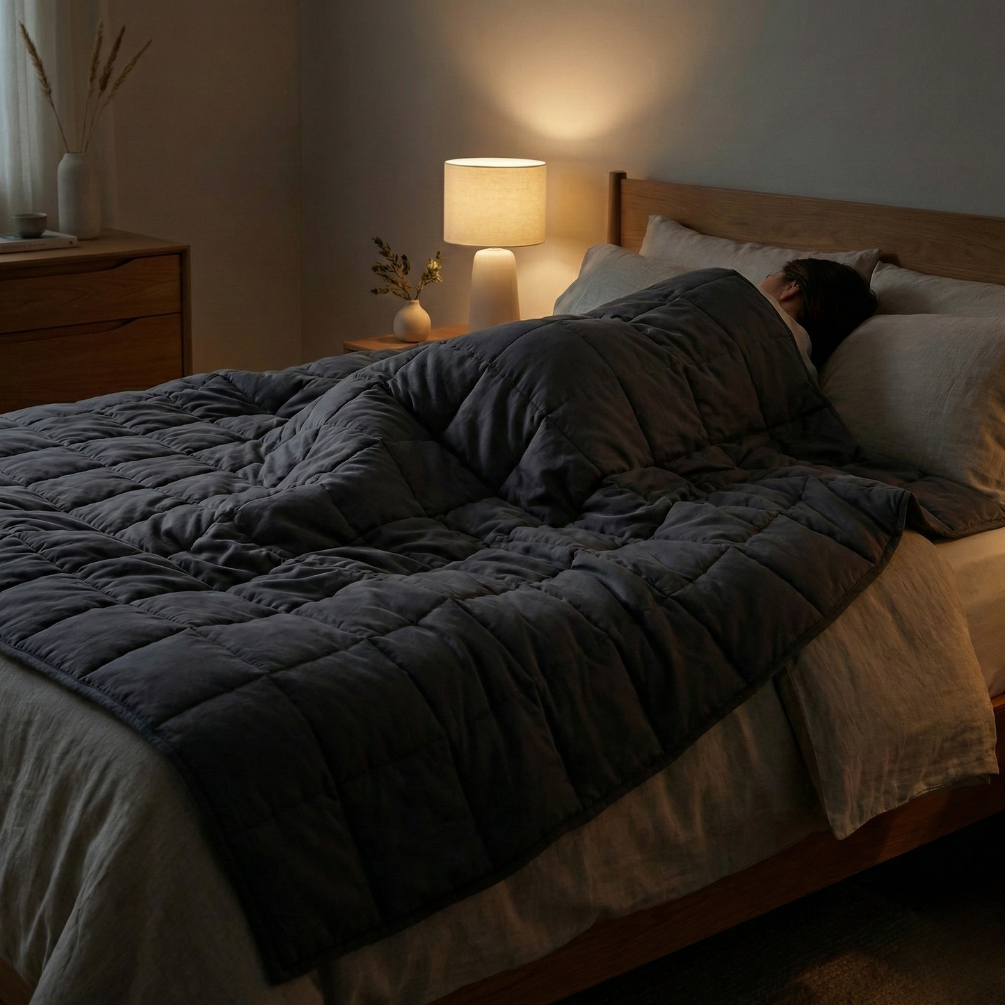 Couverture lestée utilisée dans une chambre calme, créant une sensation enveloppante propice au sommeil