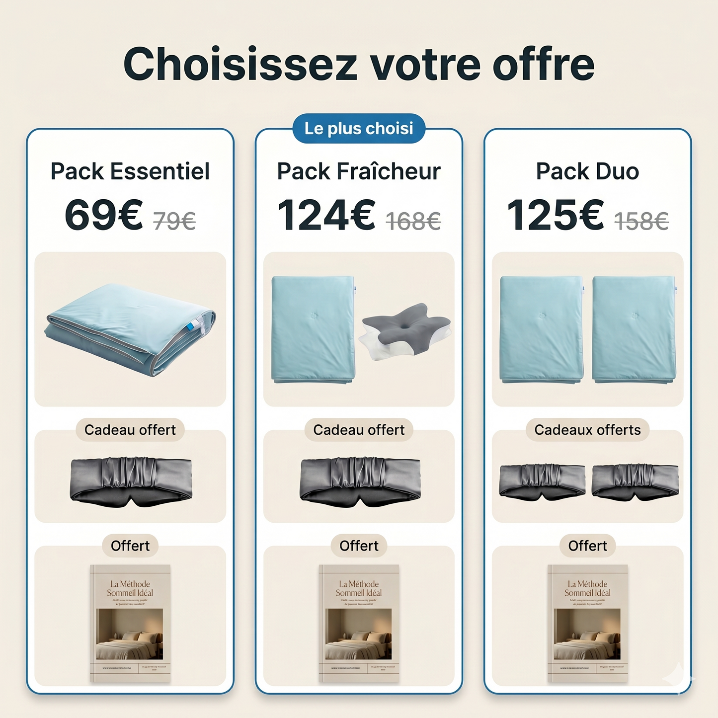 Les 3 packs couverture rafraîchissante : Pack Essentiel 69€, Pack Fraîcheur 124€ le plus choisi, Pack Duo 125€ avec cadeaux offerts