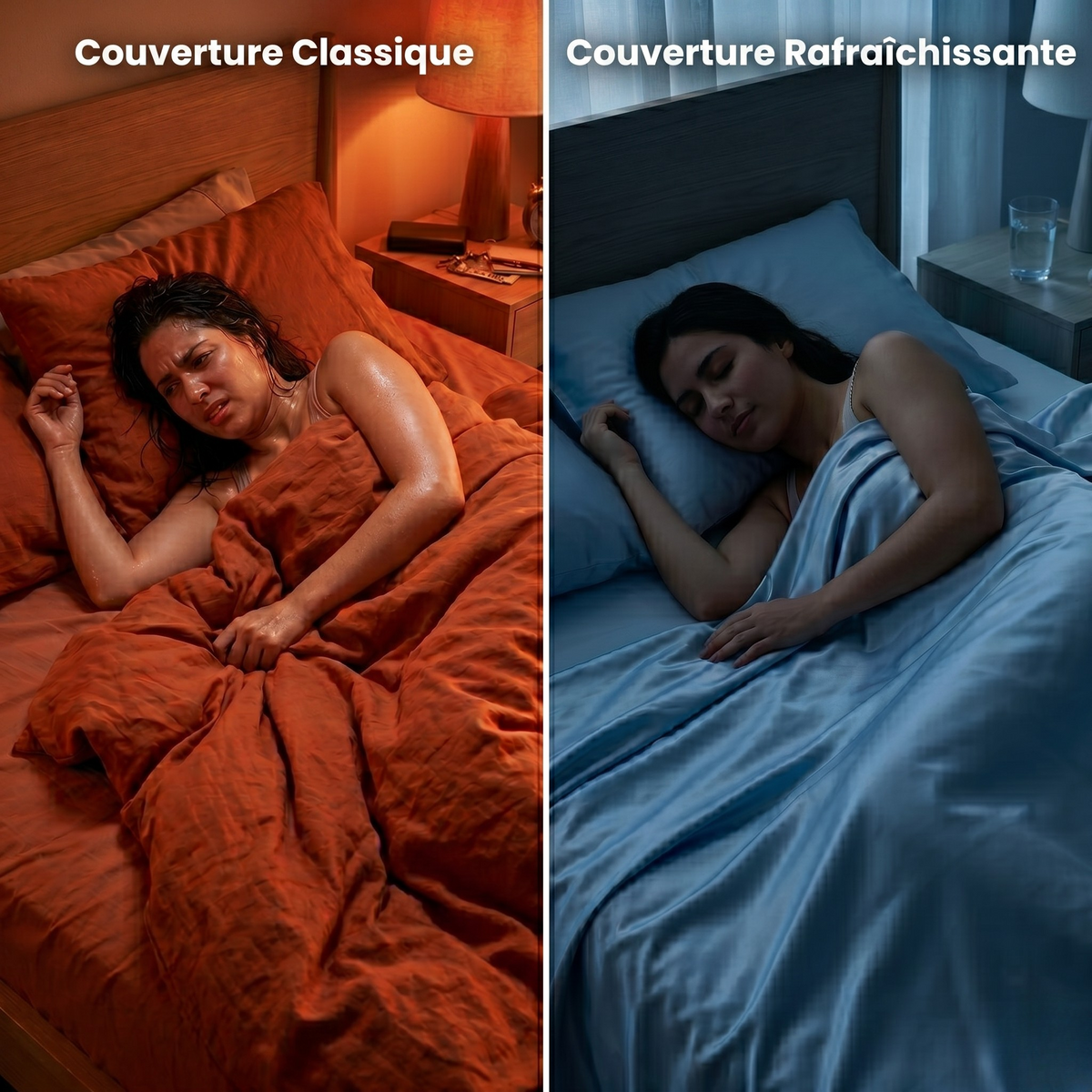 
Comparaison avant après : femme qui transpire sous une couverture chaude vs femme qui dort sereinement sous une couverture rafraîchissante