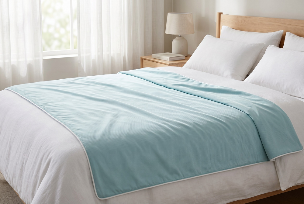 Couverture rafraîchissante double face bleue étalée sur un lit ambiance matinale premium