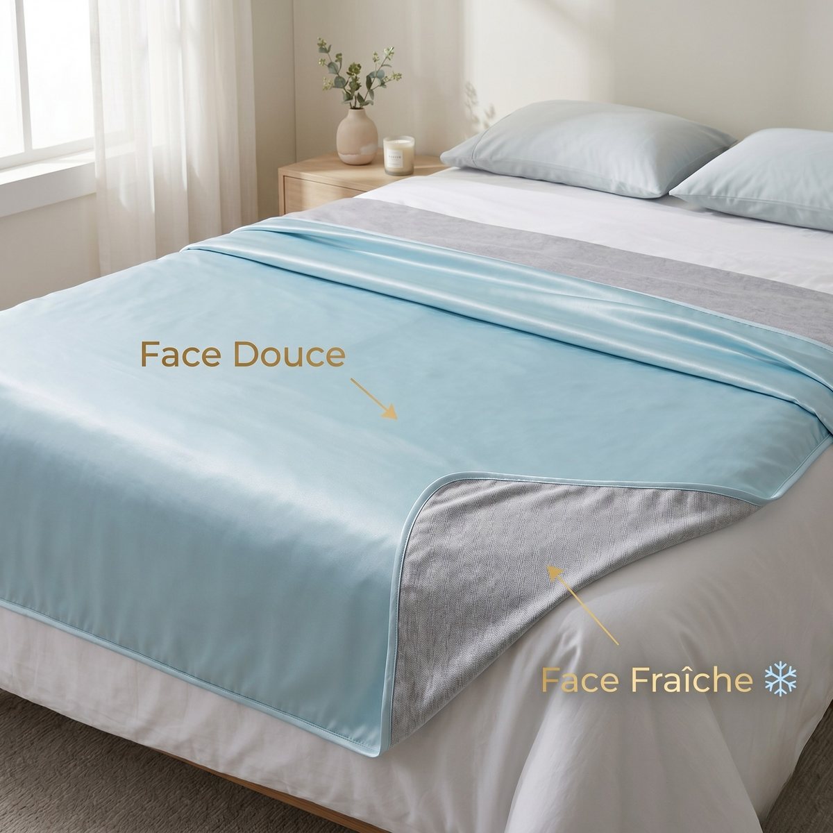 Couverture rafraîchissante double face posée sur un lit, face douce bleue visible et face fraîche grise retournée