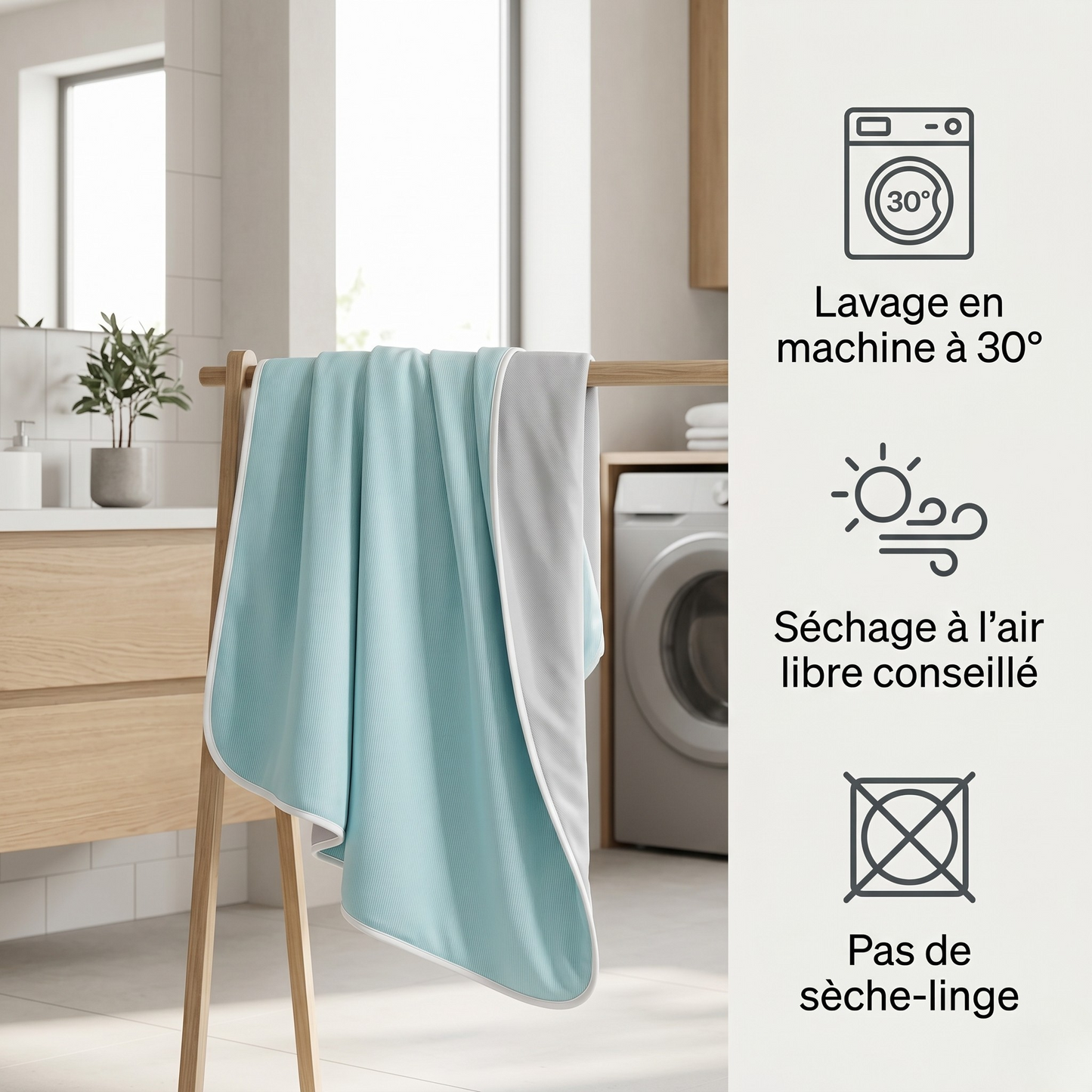 Instructions d'entretien couverture rafraîchissante : lavage machine à 30°, séchage à l'air libre, pas de sèche-linge