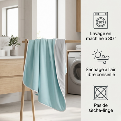 Instructions d'entretien couverture rafraîchissante : lavage machine à 30°, séchage à l'air libre, pas de sèche-linge