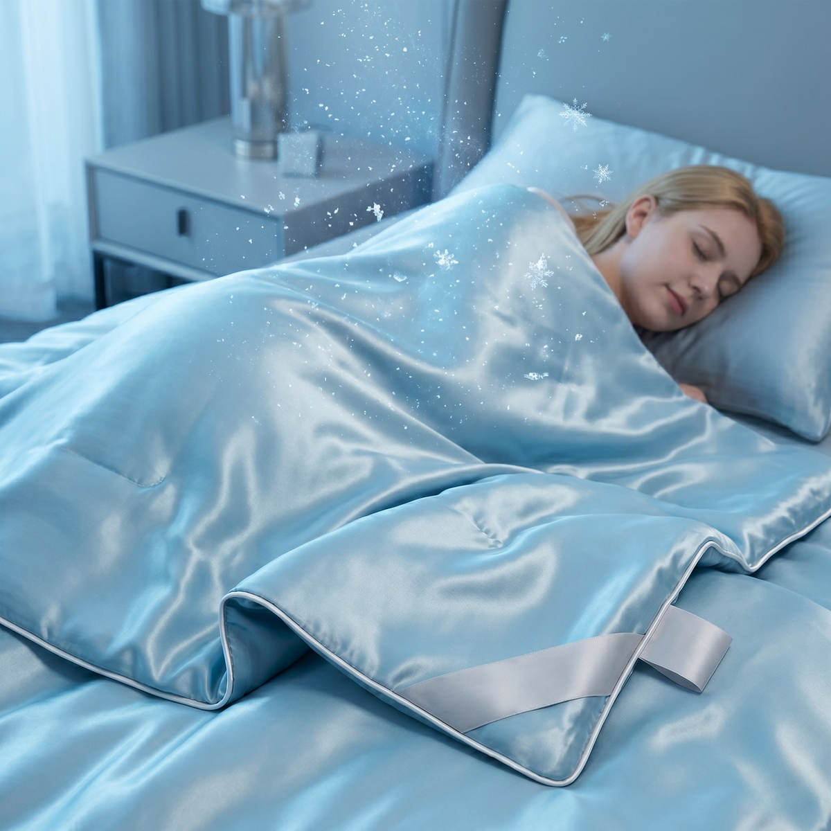 Femme qui dort sereinement sous une couverture rafraîchissante double face bleu glacé