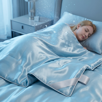 Femme qui dort sereinement sous une couverture rafraîchissante double face bleu glacé