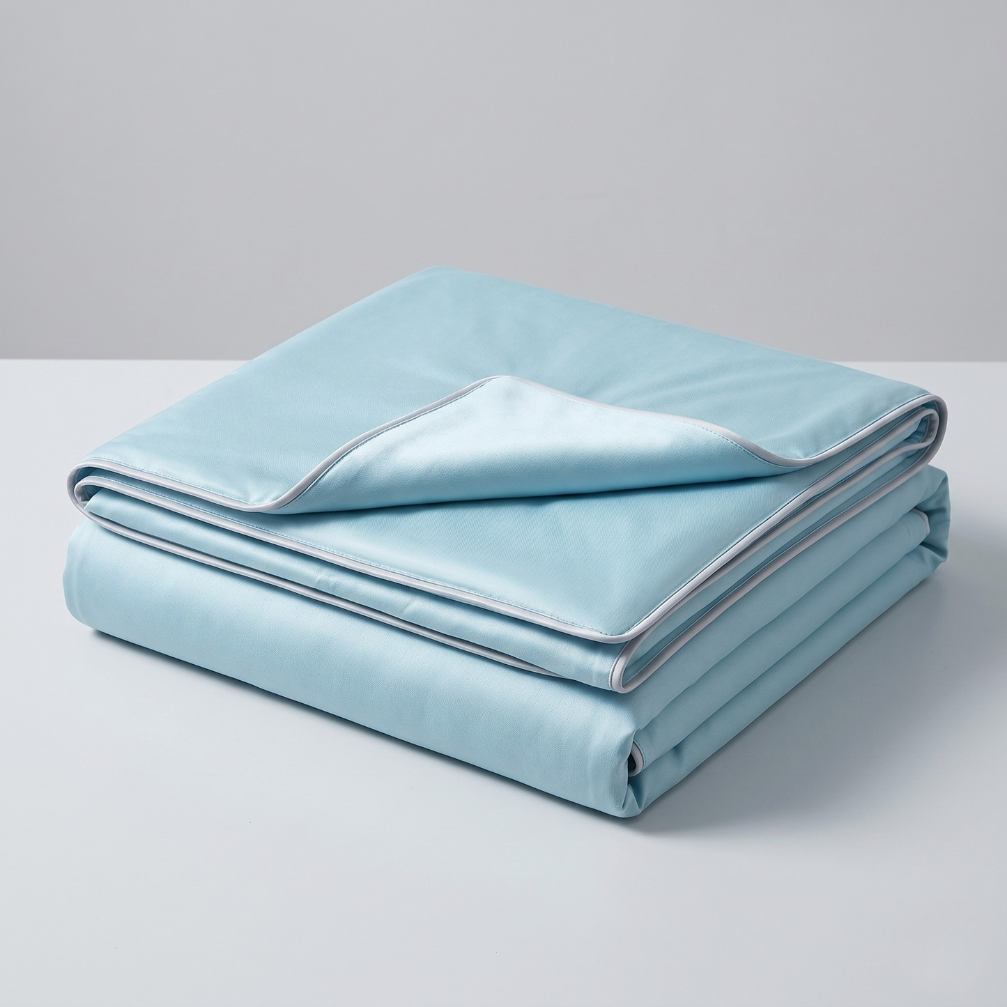 Couverture rafraîchissante double face bleu glacé pliée sur fond neutre