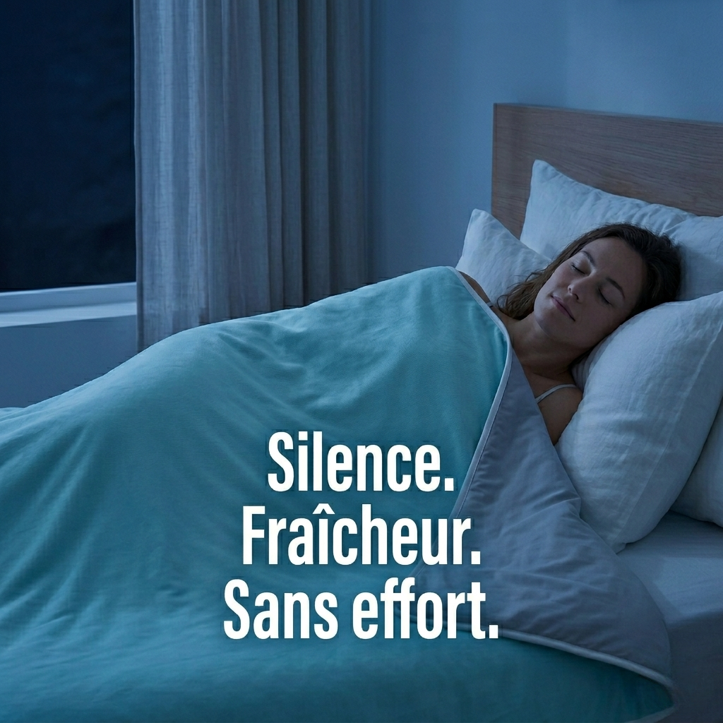 Femme qui dort paisiblement sous une couverture rafraîchissante avec texte 