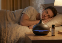 Diffuseur d’huiles essentielles avec huile de lavande créant une ambiance apaisante dans un espace de sommeil