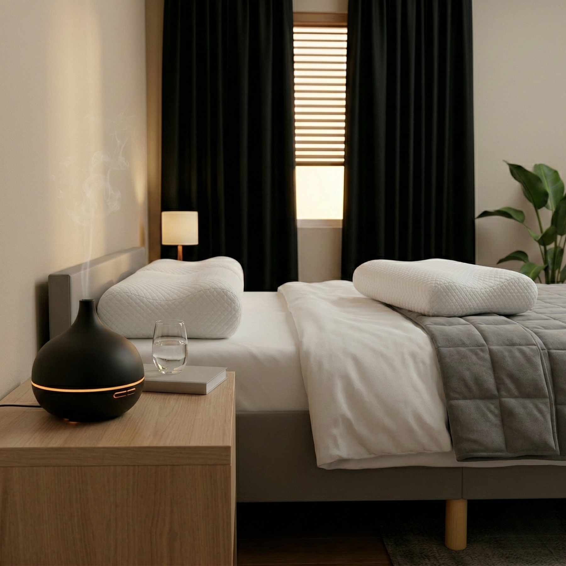 Chambre apaisante avec rideaux occultants, éclairage doux et ambiance reposante.