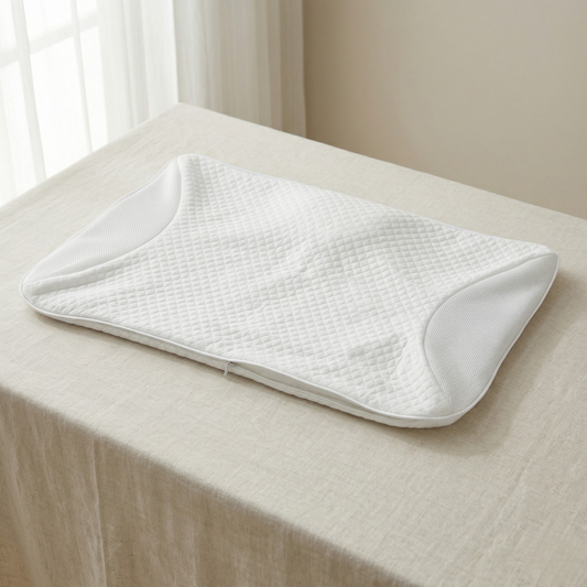 Un oreiller ergonomique à mémoire de forme de couleur blanche, avec une forme profilée en vague pour le soutien du cou, est posé à plat et centré sur une nappe en lin beige texturé couvrant une table. La housse de l'oreiller est faite d'un tissu matelassé texturé avec un motif à carreaux ou de diamants. Un passepoil blanc définit les bords de l'oreiller, et une discrète fermeture éclair est visible sur le bord inférieur avant. L'arrière-plan comprend une fenêtre sur la gauche avec un rideau transparent