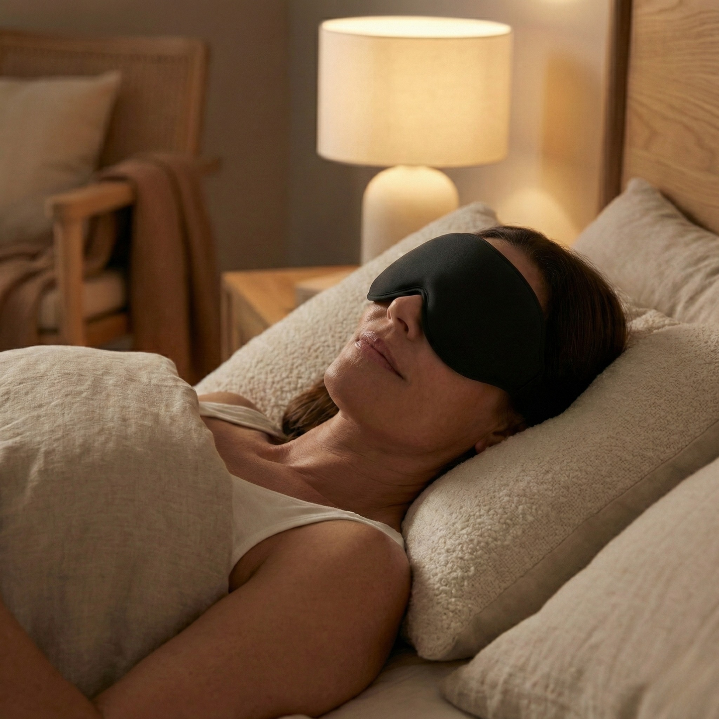 Masque de sommeil porté en situation de repos pour limiter la lumière et créer une ambiance propice au sommeil