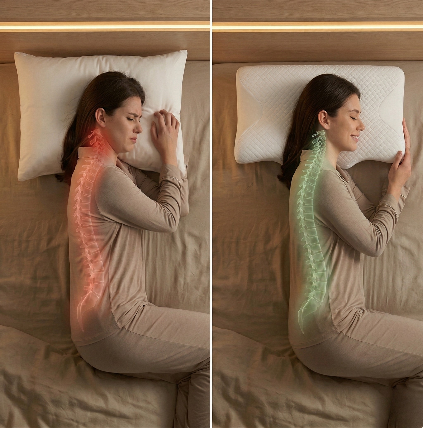 Différence de posture entre un oreiller classique et un oreiller ergonomique favorisant un meilleur alignement et un sommeil plus réparateur pour un meilleur confort
