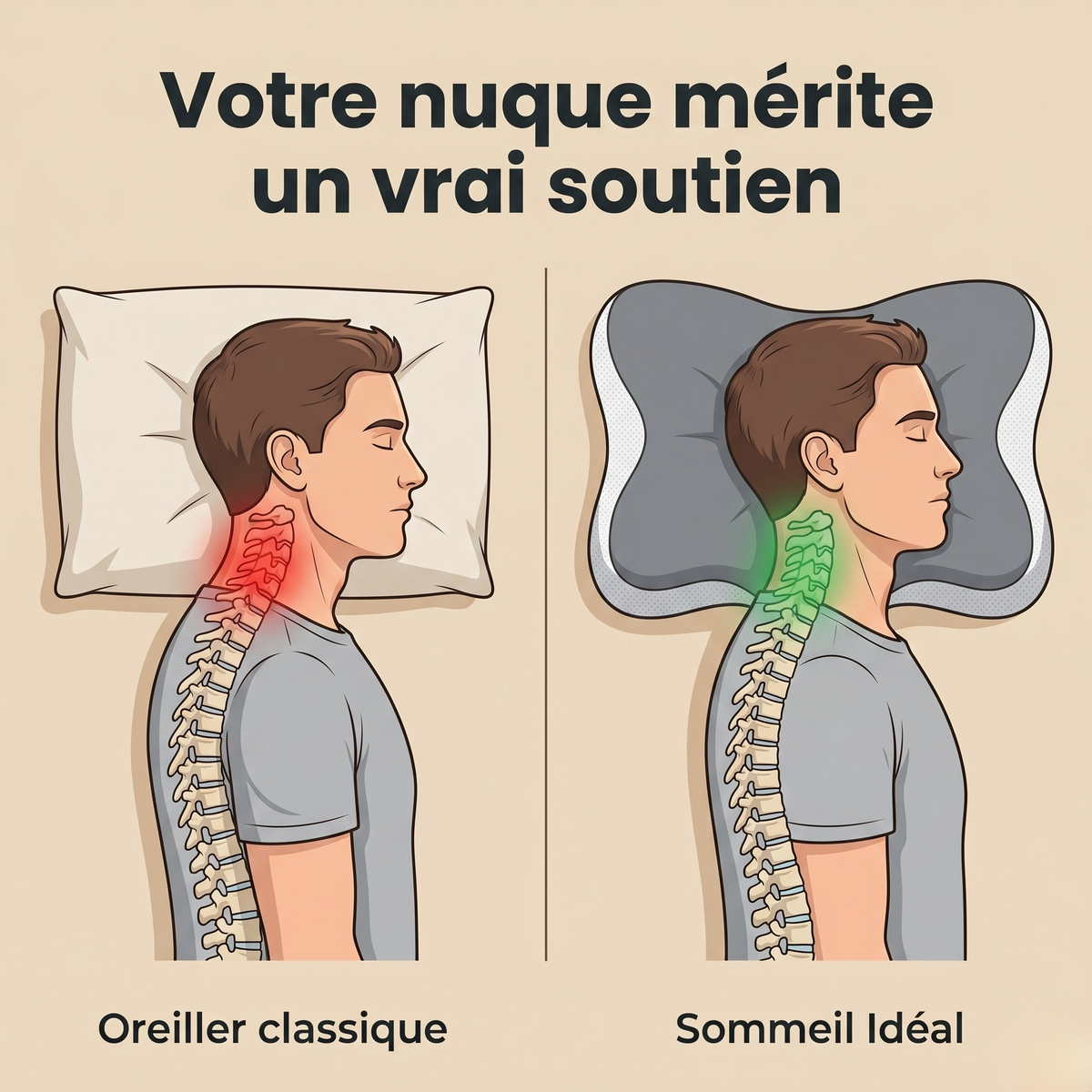 Schéma comparatif alignement colonne vertébrale avec oreiller classique versus oreiller ergonomique Sommeil Idéal