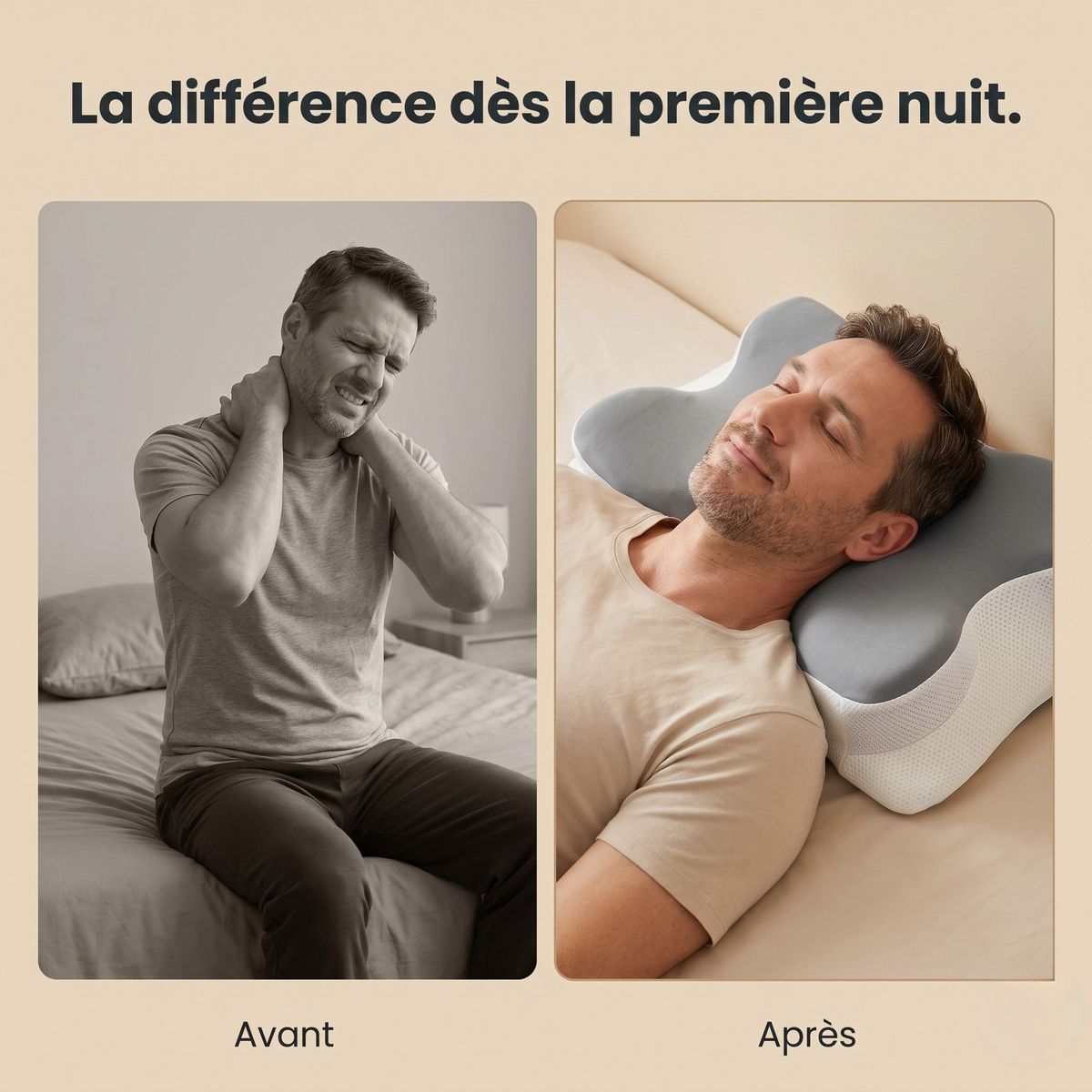 Comparaison avant après utilisation oreiller ergonomique rafraîchissant Sommeil Idéal douleurs cervicales