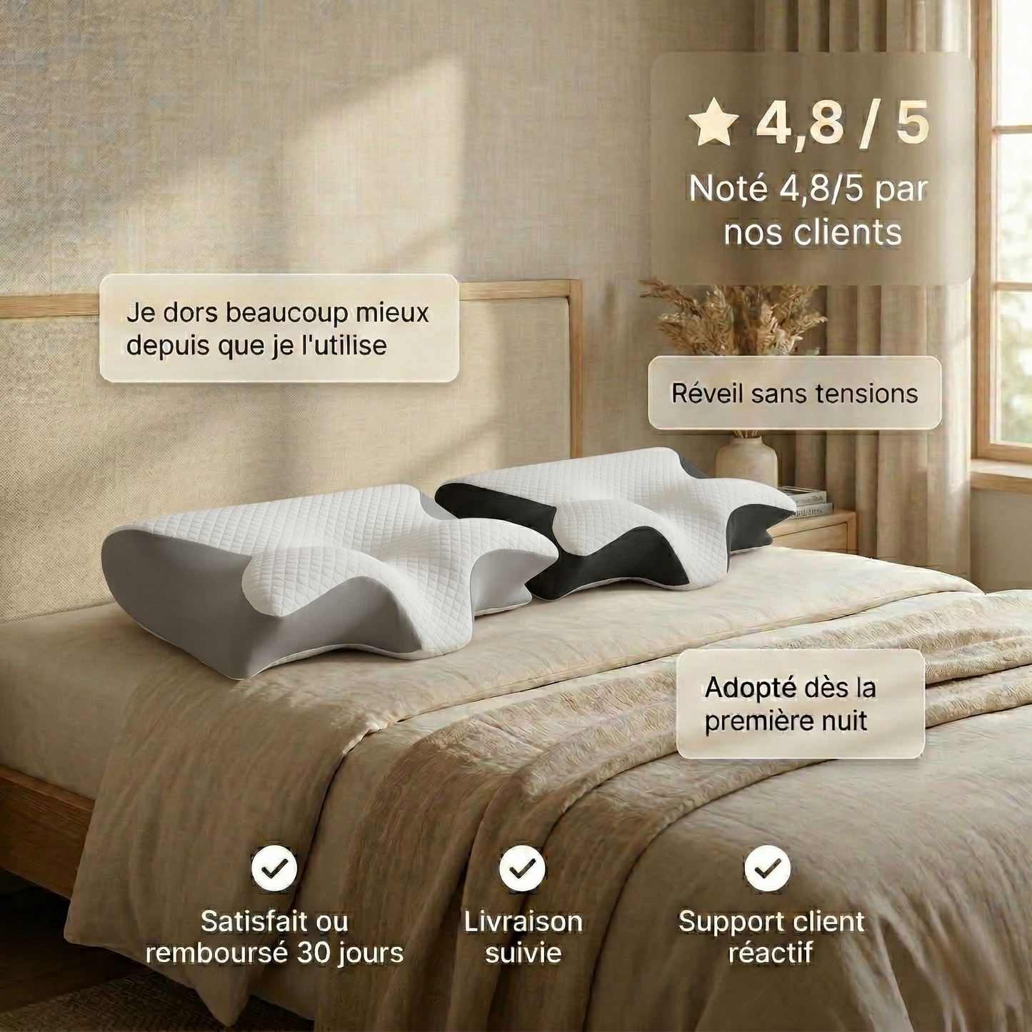 Oreiller ergonomique premium avec avis clients et note 4,8 sur 5 montrant un confort amélioré et une satisfaction client élevée