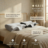 Oreiller ergonomique premium avec avis clients et note 4,8 sur 5 montrant un confort amélioré et une satisfaction client élevée