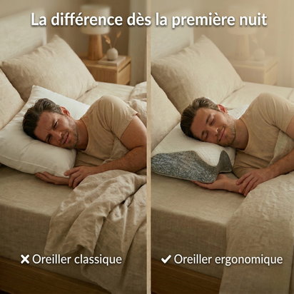 Comparaison entre un oreiller classique et un oreiller ergonomique montrant une meilleure position de sommeil et un confort amélioré pour un repos plus serein