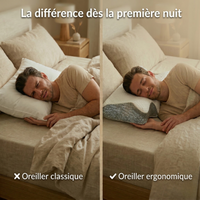 Comparaison entre un oreiller classique et un oreiller ergonomique montrant une meilleure position de sommeil et un confort amélioré pour un repos plus serein