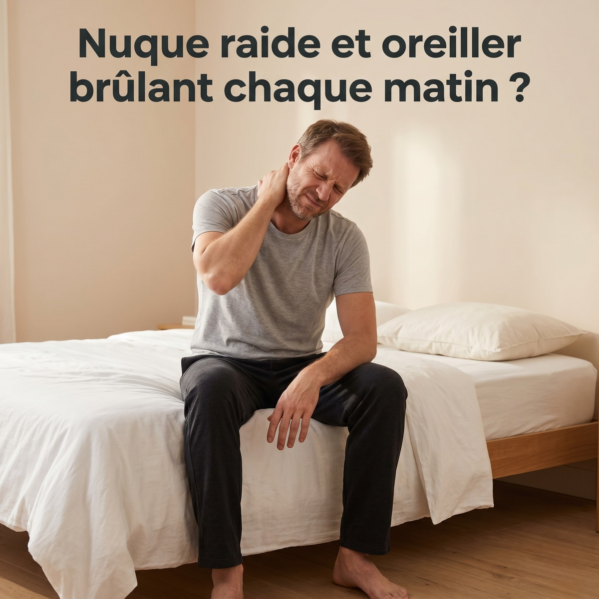 Homme se réveillant avec la nuque raide et douloureuse après une nuit sur un oreiller classique trop chaud