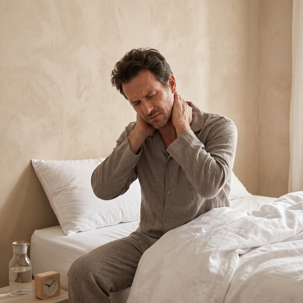 Homme épuisé au réveil avec douleurs cervicales avant utilisation oreiller ergonomique rafraîchissant